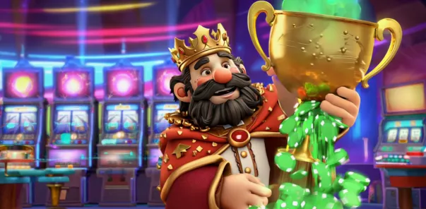 SpinRise casino king under golden coin rain near slot machines